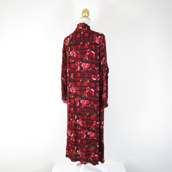 Asos Red Black Floral Plaid Long Sleeve Midi Dress 8 - Picture 10 of 13
